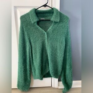 Green Fuzzy Button Top